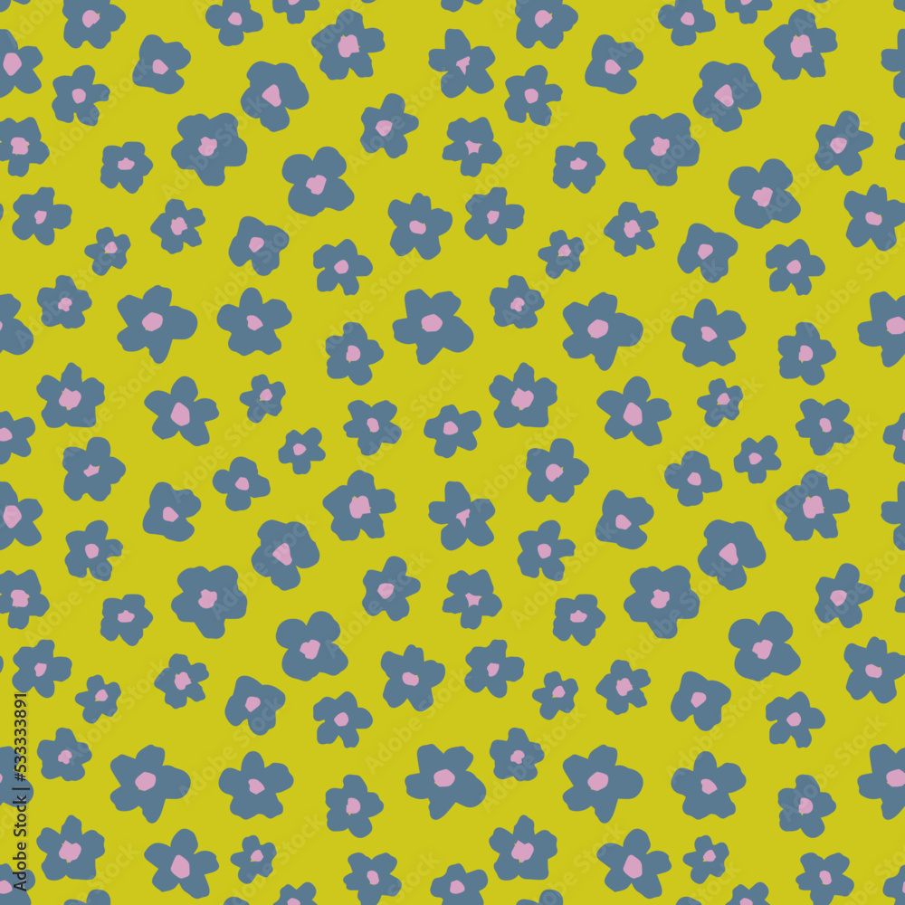 Cute little flower heads seamless repeat pattern. Random placed, vector ditsy daisy retro all over surface print on line green background. Cute little flower heads seamless repeat pattern. Random placed, vector ditsy daisy retro all over surface print on line green background.