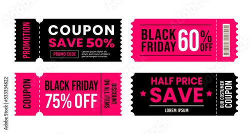 Set of Black friday sale coupon template. Black and pink tickets with a great deal. Vector illustration isolated on white background