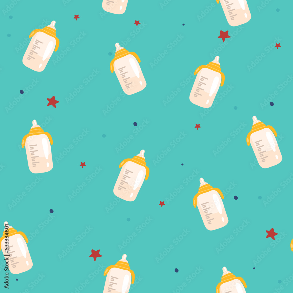 Ταπετσαρία A lot of baby bottles, colorful seamless pattern, hand drawn icons