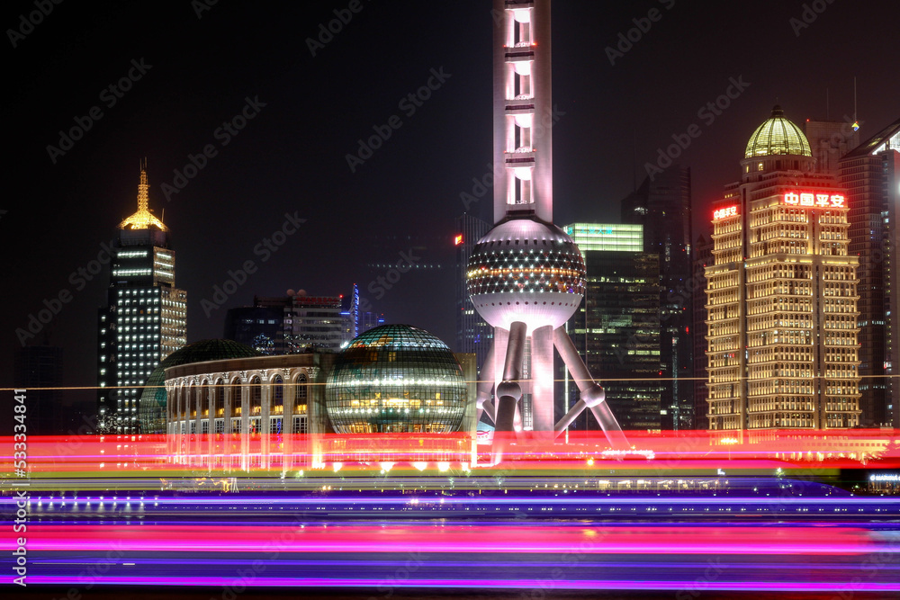Wall Mural Long exposure shots at the Bund in the city of Shanghai, China