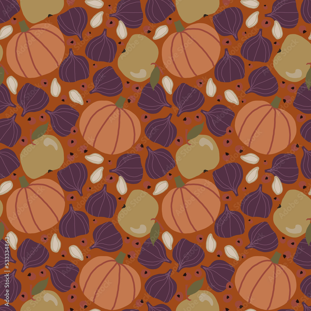 Seamless fruit pattern, Autumn hardest print, Food illustration background, Pumkin, fig, apple, Seeds, berries, Fruit and vegetable ornament, Fall fabric design