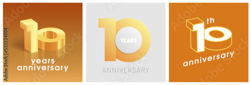 10 years anniversary set of vector graphic icons, logos. Design elements with golden number