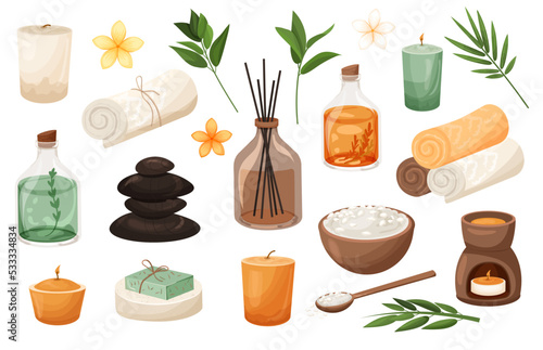 Spa Beauty Natural Cosmetics cartoon set. Skin care Set items massage, aromatherapy, yoga