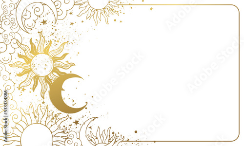 Fotografia Mystical banner with copy space, golden sun and moon with stars on white background, card for astrology, banner for tarot, fortune telling, mystical party