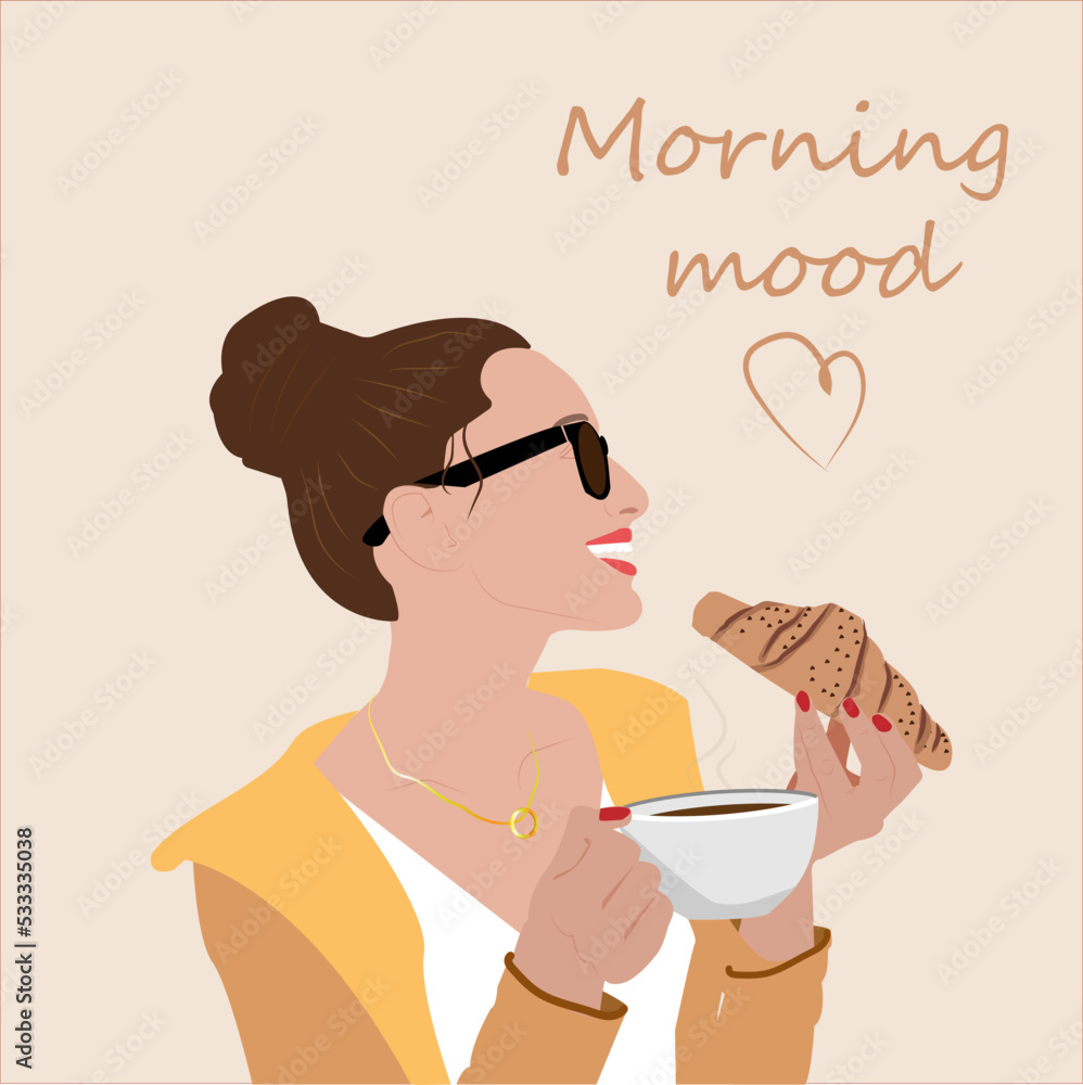 stylish illustration of a girl with coffee and a croissant stylish illustration of a girl with coffee and a croissant