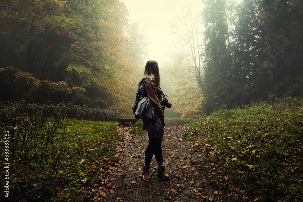 Kobieta fotograf w mrocznym, mglistym lesie jesienią. - obrazy, fototapety, plakaty 