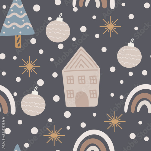 Christmas tree and snowflake seamless pattern. New Year Vector illustration in Scandinavian style