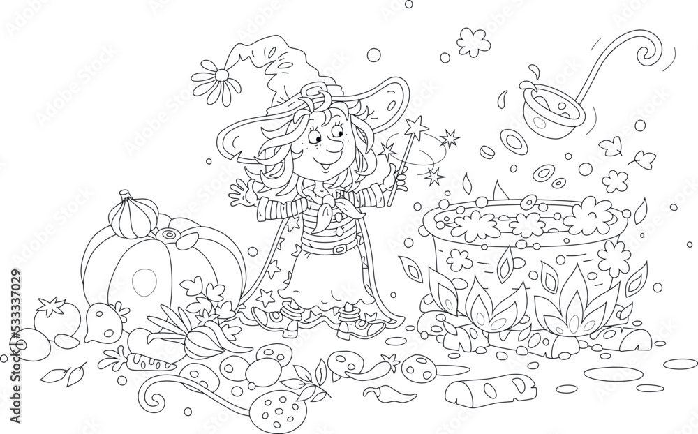 Happy little Halloween witch with a magic wand making tasty soup with a ripe pumpkin and other autumn vegetables in her kitchen for a festive dinner, vector cartoon illustration