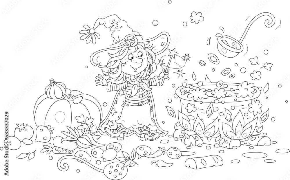 Fototapeta premium Happy little Halloween witch with a magic wand making tasty soup with a ripe pumpkin and other autumn vegetables in her kitchen for a festive dinner, vector cartoon illustration