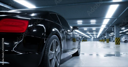 Modern Premium Black Car With Headlights on Driving Fast through an Almost Empty Underground Parking. Prestigious Luxury Car. Concept of Passion for Driving. 3D Rendering. photo