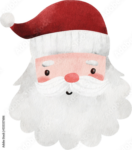 Watercolor Christmas cute illustration. Santa in red hat. Cute Santa Claus with white beard and rosy cheeks.