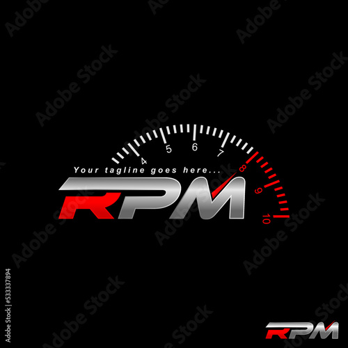 Unique letter or word RPM italic font with speedometer image graphic icon logo design abstract concept vector stock. Can be used as symbol related to sportcar or workshop