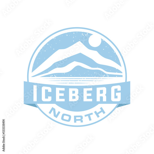 Iceberg logo circular emblem is suitable for logos for extreme outdoor sports in light blue color. Sports racing, ski, fat bike, and run logo. Winter trails, frozen rivers, moon, sun vector design