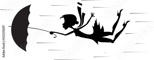 Windy weather, young woman and umbrella. 
Pretty young woman with a handbag and an umbrella gone with the wind. Black on white illustration
