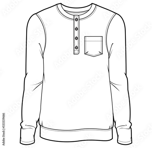 boys henley neck long sleeve t shirt with pocket flat sketch vector illustration