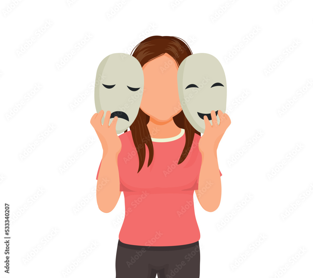 Young woman suffer from bipolar disorder manic depression with two faced expressions of happy and sad face showing in facial mask Young woman suffer from bipolar disorder manic depression with two faced expressions of happy and sad face showing in facial mask