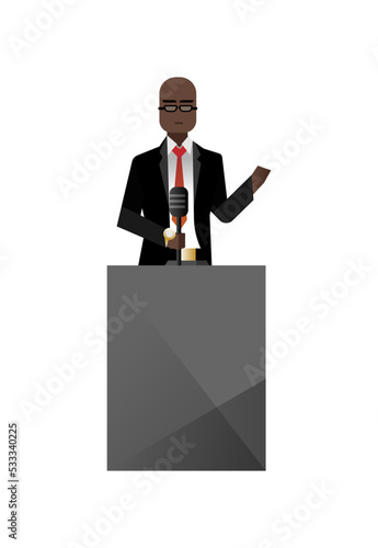 African businessman in glasses speech on tribune. Corporate business people isolated vector illustration