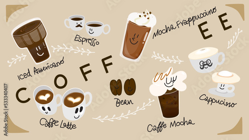 Set of cute coffee characters illustration