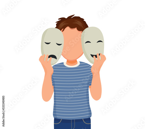 Young man suffer from bipolar disorder manic depression with two faced expressions of happy and sad face showing in facial mask