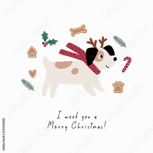 Cute cartoon dogs of different breeds and Christmas decorations, candy, gifts, garlands, cookies, bone. Festive vector illustration - dog on winter holidays in flat style. I woof you a Merry Christmas