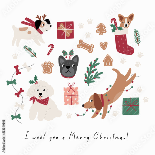 Cute cartoon dogs of different breeds and Christmas decorations, candy, gifts, garlands, cookies, bone. Festive vector illustration - dog on winter holidays in flat style. I woof you a Merry Christmas