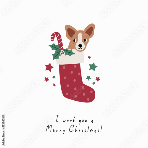 Cute cartoon dogs of different breeds and Christmas decorations, candy, gifts, garlands, cookies, bone. Festive vector illustration - dog on winter holidays in flat style. I woof you a Merry Christmas