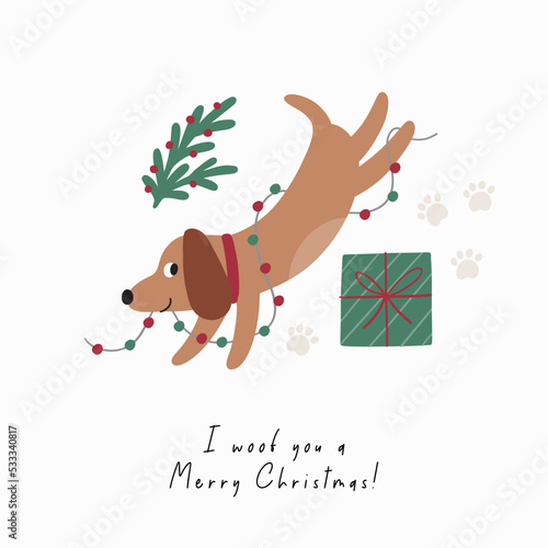 Cute cartoon dogs of different breeds and Christmas decorations, candy, gifts, garlands, cookies, bone. Festive vector illustration - dog on winter holidays in flat style. I woof you a Merry Christmas