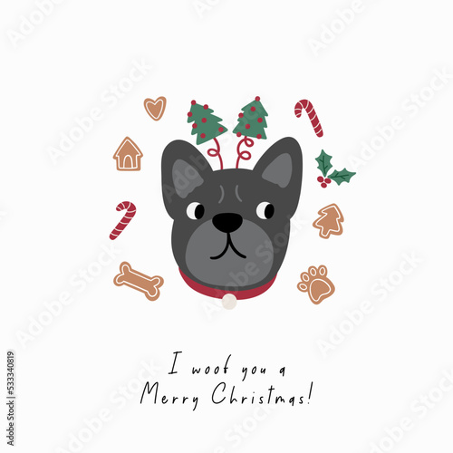 Cute cartoon dogs of different breeds and Christmas decorations, candy, gifts, garlands, cookies, bone. Festive vector illustration - dog on winter holidays in flat style. I woof you a Merry Christmas