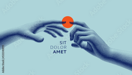 Two hands hands going to touch together. Concept of human relation, togetherness, partnership, connection, contact or network. 3d vector for banner, poster, cover, brochure or presentation. photo