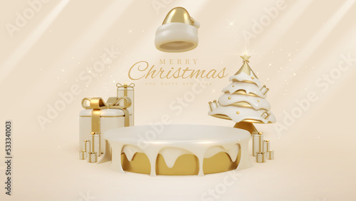 Product display podium with golden santa claus hat element and christmas tree with ball and gift box decoration and glitter light effect with stars. Vector illustration.