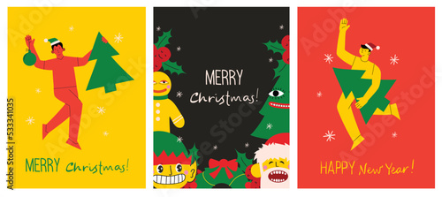 Merry Christmas and Happy New Year 2023. Vector trendy abstract illustrations of holiday card with santa claus, deer, crazy geometric shapes, christmas tree and wreath for poster.