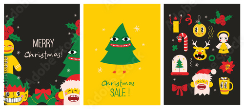 Merry Christmas and Happy New Year 2023. Vector trendy abstract illustrations of holiday card with santa claus, deer, crazy geometric shapes, christmas tree and wreath for poster.