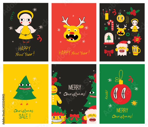 Merry Christmas and Happy New Year 2023. Vector trendy abstract illustrations of holiday card with santa claus, deer, crazy geometric shapes, christmas tree and wreath for poster.