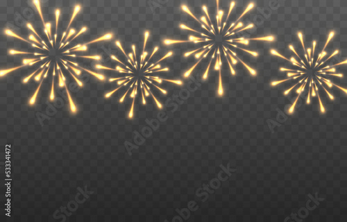 Vector festive fireworks on a transparent background. Fireworks png, festive light png. Magic fireworks lights. Christmas light.