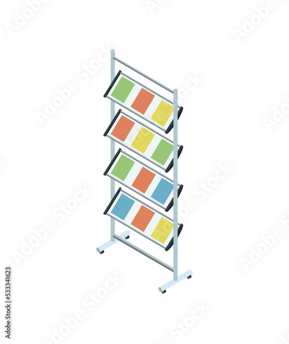 Ad stand at exhibition isometric 3D element. Business presentation and marketing vector illustration.
