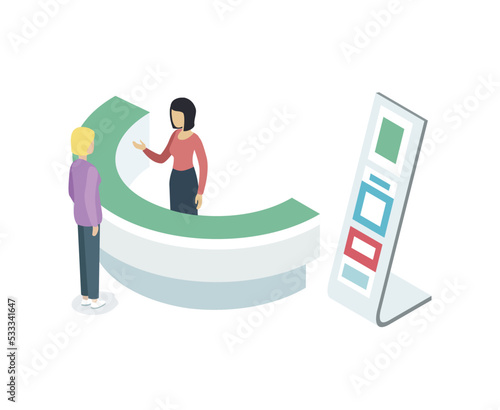 Reception counter desk isometric 3D element. Information and exhibition ad stand with manager in business center vector illustration.