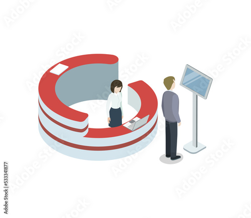 Business center reception isometric 3D element. Information and exhibition ad stand with manager in business center vector illustration.