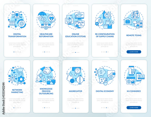 Business tendencies blue onboarding mobile app screen set. Commerce walkthrough 5 steps editable graphic instructions with linear concepts. UI, UX, GUI template. Myriad Pro-Bold, Regular fonts used