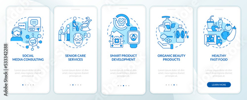 In demand small business ideas blue onboarding mobile app screen. Walkthrough 5 steps editable graphic instructions with linear concepts. UI, UX, GUI template. Myriad Pro-Bold, Regular fonts used