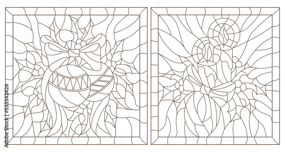 Set contour illustrations of the stained glass Windows on the theme of new year and Christmas with candles and Christmas decorations