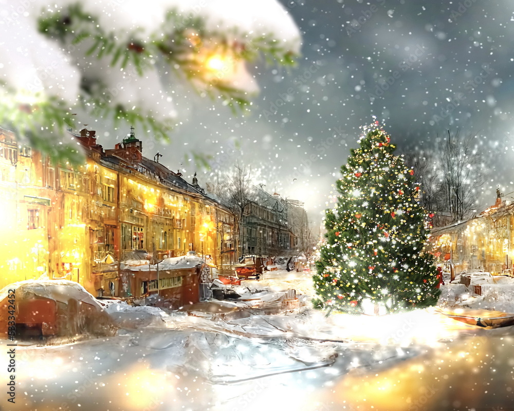 Christmas tree on city town hall square  decorated and iluminated street lamp blurred light houses with evening windows snowy weather snow flakes fall winter scene landscape