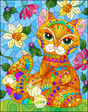 Illustration in stained glass style with a   rainbow cute cat on a background of meadows, bright flowers and sky