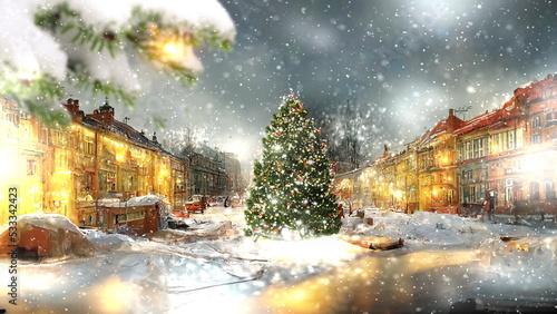 Christmas tree on city town hall square  decorated and iluminated street lamp blurred light houses with evening windows snowy weather snow flakes fall winter scene landscape photo