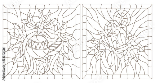Set contour illustrations of the stained glass Windows on the theme of new year and Christmas with candles and Christmas decorations