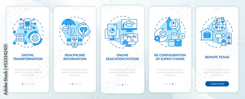 Business trends blue onboarding mobile app screen. Digitalization. Walkthrough 5 steps editable graphic instructions with linear concepts. UI, UX, GUI template. Myriad Pro-Bold, Regular fonts used