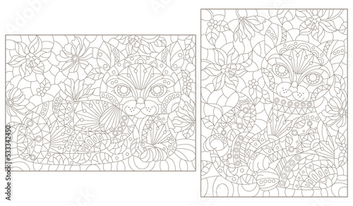 A set of contour illustrations of stained glass Windows with cats on a background of flowers, dark contours on a white background