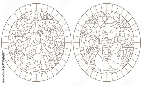 A set of contour illustrations in a stained glass style on the theme of New Year's holidays with a snowman and a Christmas tree, dark outlines on a white background