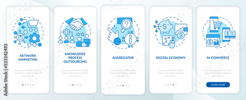 Emerging business trends blue onboarding mobile app screen. Walkthrough 5 steps editable graphic instructions with linear concepts. UI, UX, GUI template. Myriad Pro-Bold, Regular fonts used
