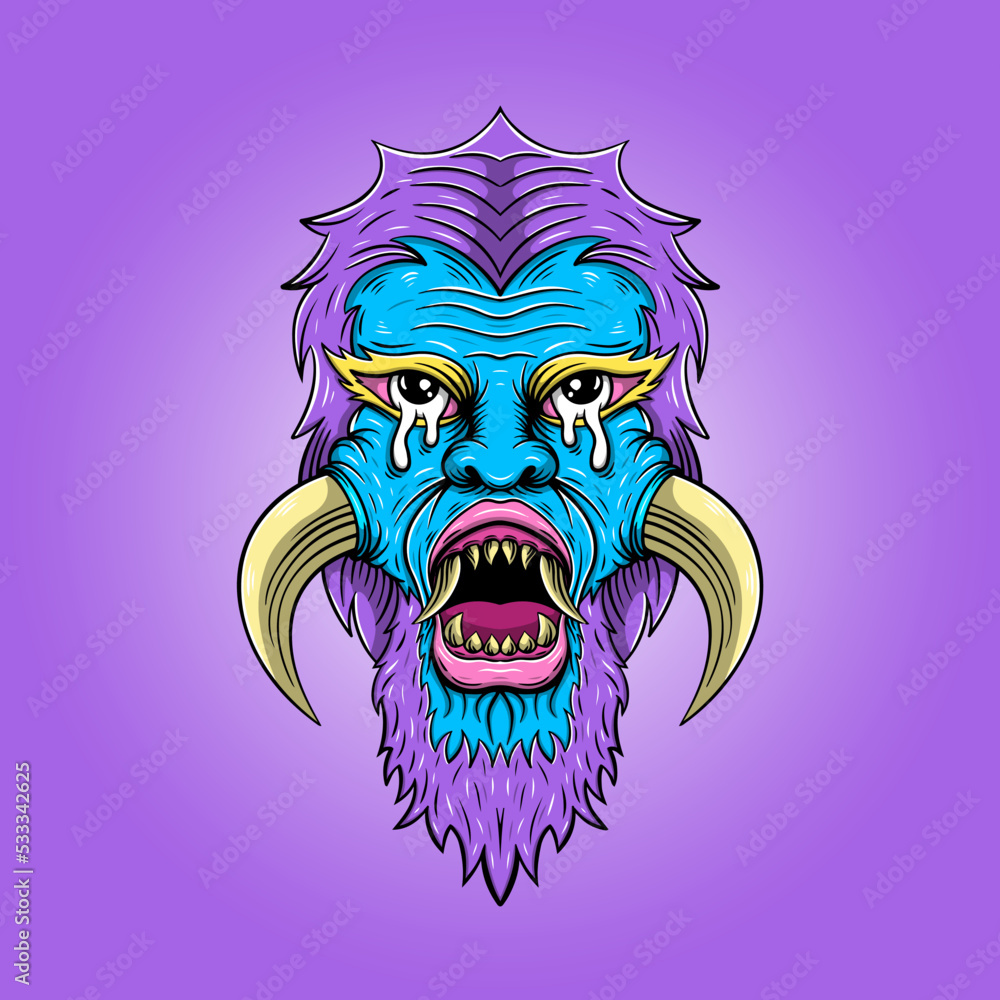 Fototapeta premium and drawn angry monster with horn and sharp teeth