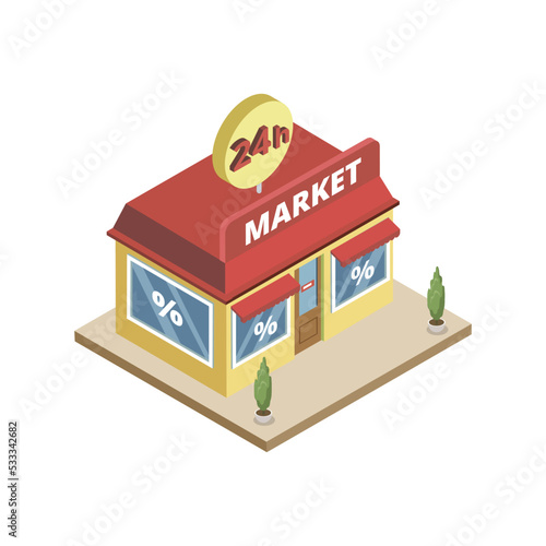 Isometric view of 24h working town market building on white background.